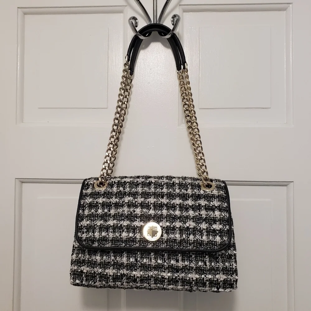 EUC Kate Spade Natalia Black & White Tweed Flap Close Crossbody/Shoulder Bag